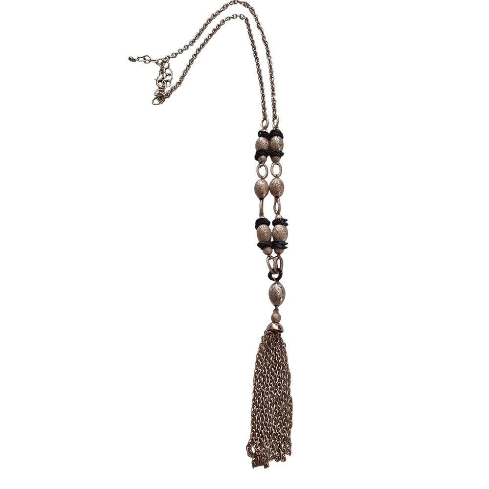 Gold Tone Textured Bead Long Tassel Pendant Necklace Black Accents Statement‎